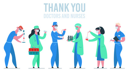 Fototapeta premium Medical doctors. Medicine physician, doctor and nurse in, hospital healthcare physician workers, doctors team concept vector illustration set. Medical physician professional, hospital profession