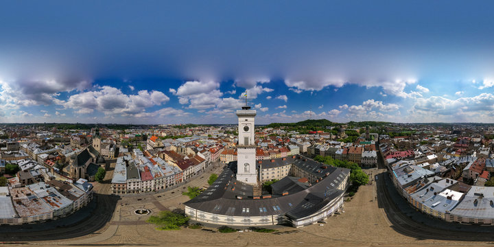 aerial view on Lviv city hall from drone
