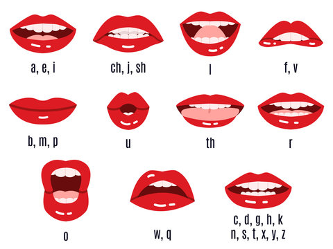 Mouth sound pronunciation. Lips phonemes animation, talking red lips expressions, mouth speech sync pronounce vector isolated symbol set. Mouth speech english, speak sound and talk illustration