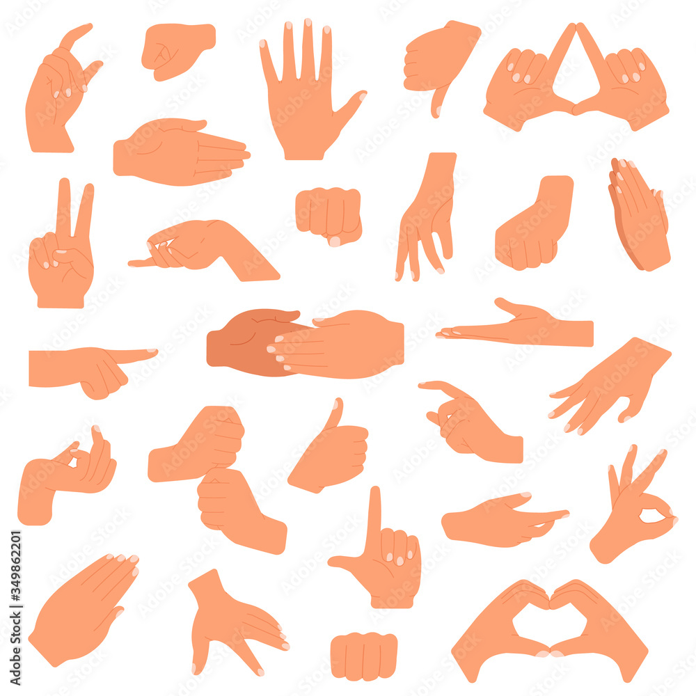 Poster hand gesture. pointing hands, gesturing communication language, palm gesture designation isolated ve