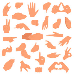 Hand gesture. Pointing hands, gesturing communication language, palm gesture designation isolated vector illustration set. Gesture hand, finger thumb signal, fist and pointing up