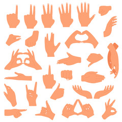 Gesturing hands. Communication hand gesture, pointing, counting fingers, ok sign, palm gesture language vector illustration set. Gesturing signal expression, pointing and handshake