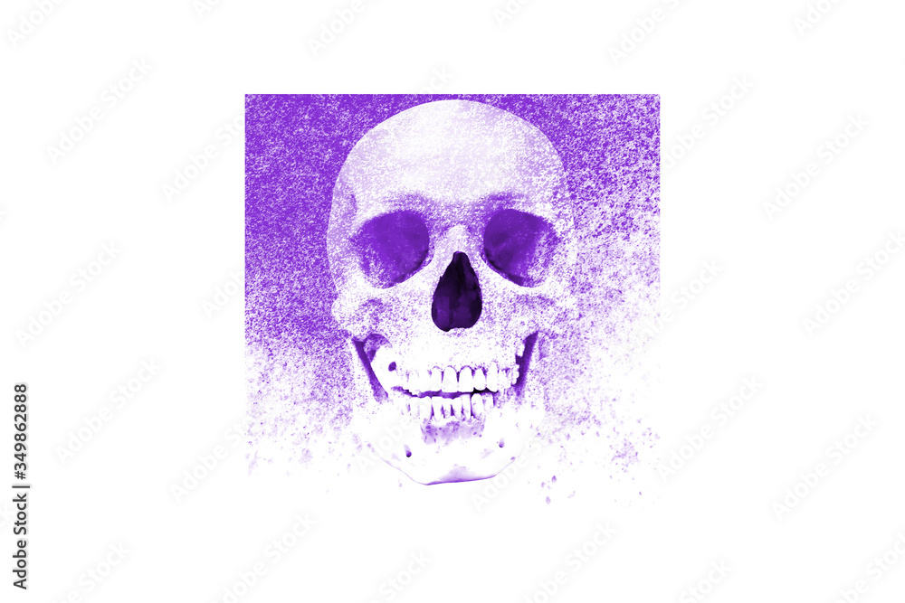 Poster violet square print with human skull and texture isolated on white background