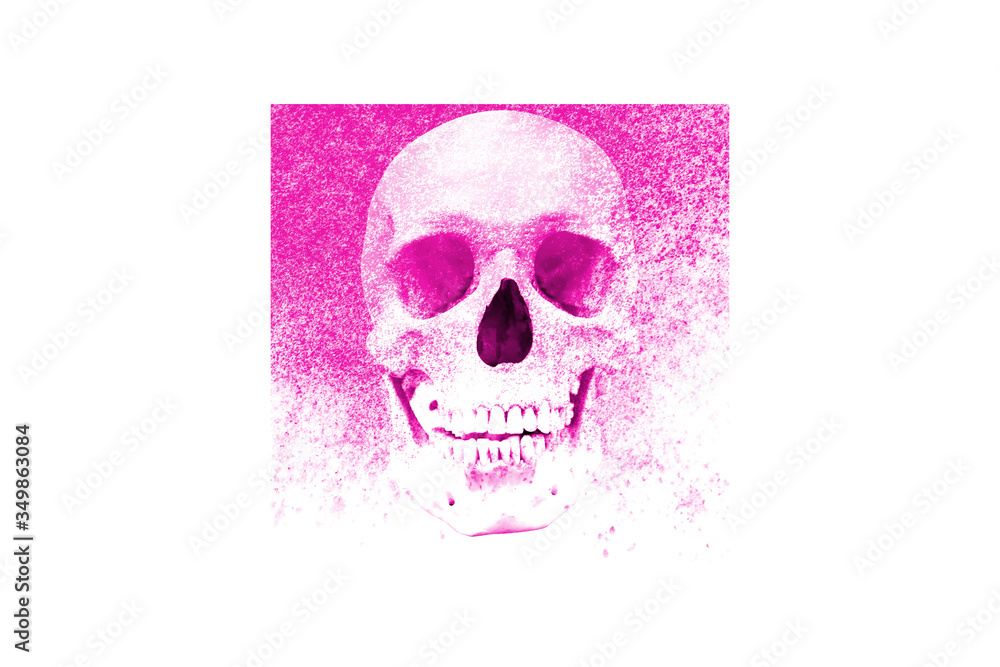 Poster pink square print with human skull and texture isolated on white background