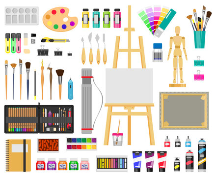 Paint art tools. Artistic supplies, painting and drawing materials, brushes, paints, easel, creative art tools vector illustration icons set. Paint drawing brush, education artistic tool