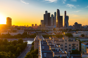 Fototapeta premium MOSCOW, RUSSIA - JULY 13, 2016: Skyscrapers of Moscow City international business centre on sunset. View from novodevichy park. 