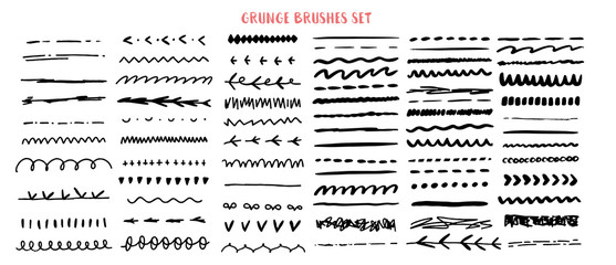 Vector line grunge sketch border set. Hand Drawn Brush pen stroke, pencil devider, black element - obrazy, fototapety, plakaty