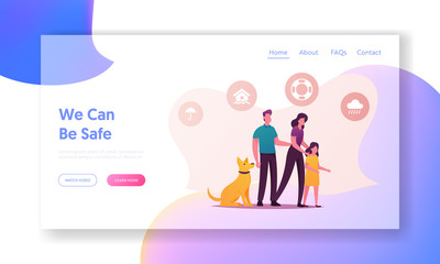 Family Characters Need Help during Flood Landing Page Template. Mother, Father, Little Girl and Dog, Icons of Umbrella, Raining Cloud, Lifebuoy and House in Water. Cartoon People Vector Illustration