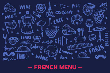 Fototapeta na wymiar French banner design, france pattern frame on chalkboard, doodle hand drawn croissant, paris decoration, cafe banner