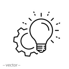 light bulb with gear mechanism, solution idea vector icon, concept of spreading innovation, thin line symbol on white background
