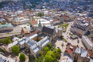 Fototapeta na wymiar Aerial view on Bernardine church in Lviv from drone