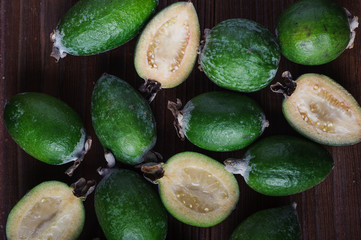 Fresh feijoa on the market close-up