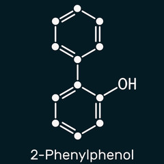 2-Phenylphenol, biphenylol, orthophenyl, C12H10O molecule. It is an antifungal agent and preservative with E number E231. Skeletal chemical formula on the dark blue background