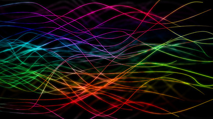 Abstract rainbow lines in black background, glowing with neon effect, an illustration