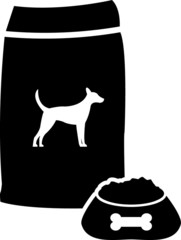 Pet dog food package and bowl vector icon with dog on package