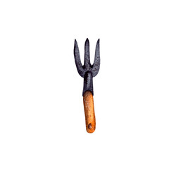 hand-drawn watercolor illustration. garden tool for plant care, help with gardening. small black pitchfork with wooden handle, Provence Style