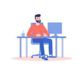 A man working from home at a computer, the concept of remote work, freelancing, self-isolation. Vector illustration in flat style.