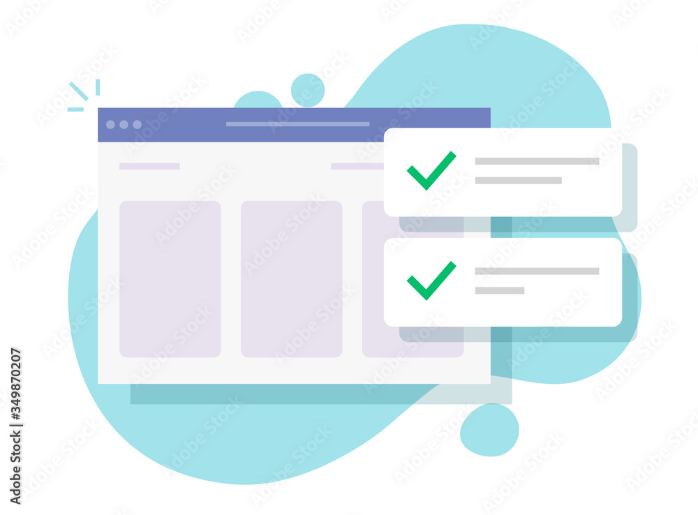 Aufkleber website update check notification messages with checkmarks or web site page with completed test chec