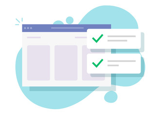 Website update check notification messages with checkmarks or web site page with completed test checklist with ticks vector flat cartoon, illustrated internet browser with done list modern image