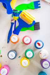 Children playing with watercolor stay at home. little boy and water colors.