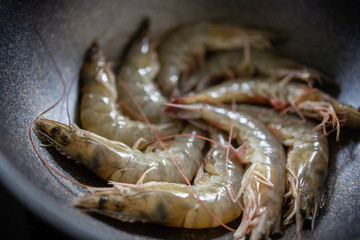 Fresh Shrimp in the Pan. Cooking Thai Food. Steaming Prawn