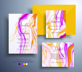 Beautiful set of wedding invitations with stone texture. Agate vector cards with marble effect and swirling paints, pink, yellow and purple colors. Designed for greeting cards, brochures and etc.