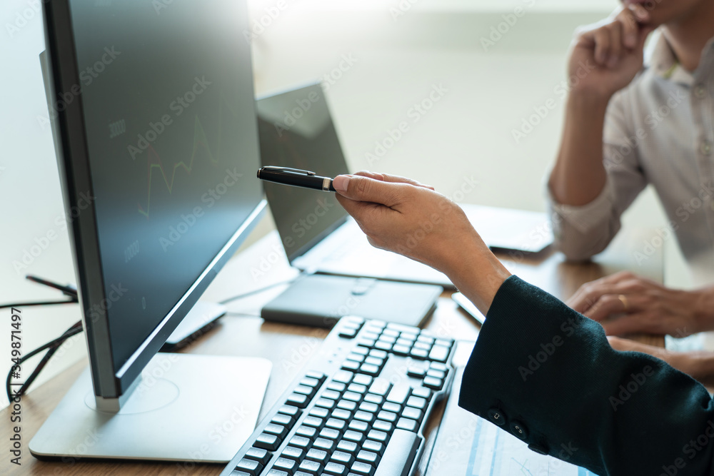 Poster working business man, team of broker or traders talking about forex on multiple computer screens of 