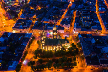 Aerial veiw on Elizabeth church in Lviv, Ukraine from drone at night