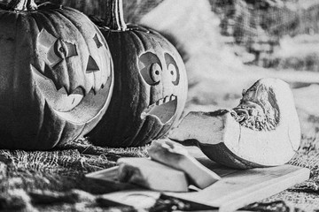 Black and white,  slightly blurred photo with strong grain effect. One pumpkin watching with scared on other sliced pumpkin. Second pumpkin watching and smiling. Halloween,  artistic concept.