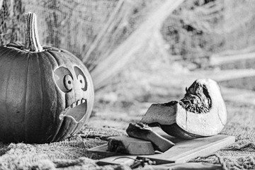 Black and white,  slightly blurred photo with strong grain effect. One pumpkin watching with scared on other sliced pumpkin. Halloween, artistic concept.