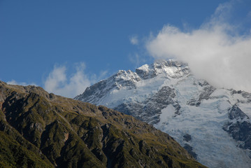 Aoraki, Mount Cook, Summit in cloud. New Zealand 