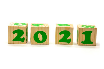 2021 new year greeting card template, 2021 on wooden cubes on white background banner with copy space for text