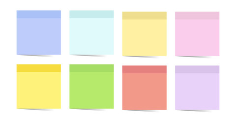 Collection sticky colored notes. 3d post note paper. Stickers tapes with shadow template. Vector illustration.