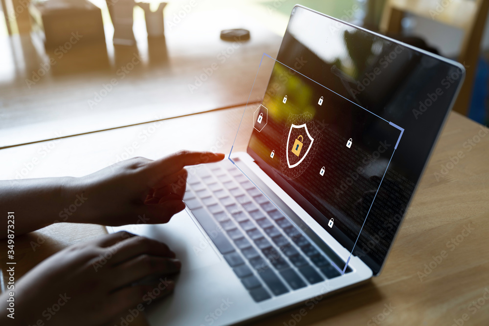 Poster laptop computer with data protection, cyber security, information safety and encryption concept. int