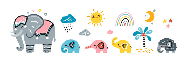 Family of Cute Elephants Vector Set. Weather Elements Patterns, Mom Elephant with Baby Elephants and Little Mammoth. Hand drawn Doodle Cartoon African and Indian Animals. Colorful Poster for Kids
