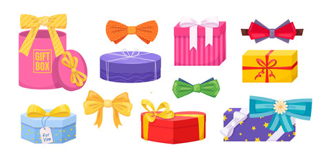Gift box with tie bow. Present wrapped gift box differents shapes with ribbons, bows. Sweets, tie, bow, colorful Box for the holidays - Valentine's Day, birthday, Christmas, anniversary cartoon vector
