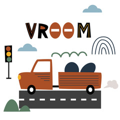 poster with car for baby boy - vector illustration, eps