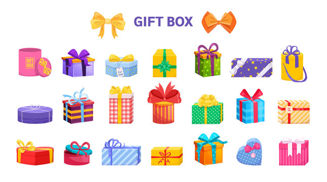 Gift box with tie bow. Present wrapped gift box differents shapes with ribbons, bows. Sweets, tie, bow, colorful Box for the holidays - Valentine's Day, birthday, Christmas, anniversary cartoon vector