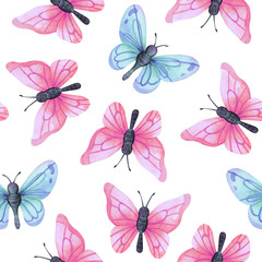 Pink and blue butterflies. Cute seamless pattern with watercolor illustrations. Colorful insects on a white background. Soft, pastel print for a fabric in a children's style. Spring mood. Stock image