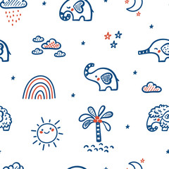 Cute Elephants Vector Seamless Pattern. Weather Elements Patterns, Baby Elephants and Little Mammoth. Doodle Cartoon Animals Background for Kids. Children's wallpaper
