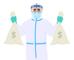 Doctor in safety protection suit dress, mask, glasses and face shield holding cash, money bag. Physician or surgeon holding currency notes sack. Person wearing personal protective equipment uniform.
