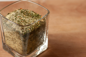 A Glass Of Salt With Different Spices. Macro Photo