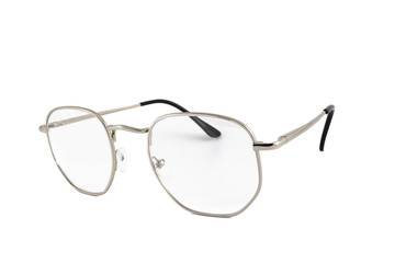 Street style reading glasses with clear lens and rectangle thin silver frame, isolated on white background, side view.