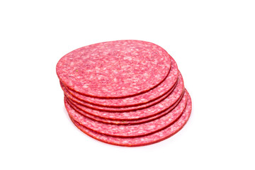 Tasty salami slices isolated on white