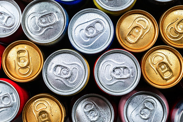 Group of aluminium cans, cold drink. Top view.