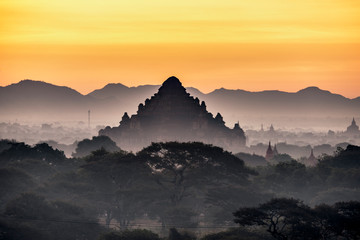 Silhouette Great Pagoda with Morning Mist at Sunrise, Bagan , Myanmar