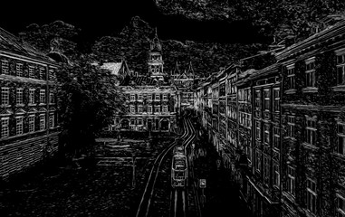 Fototapeta premium white sketch on black background, inversion. Market square, Dormition and Carmelite Church in Lviv, Ukraine