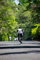 夏の公園で自転車を乗っている人