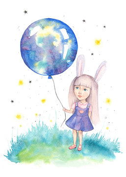 Hand drawn watercolor artwork. Painted aquarelle picture. Artist painting. A cute young preschool girl in purple denim skirt, with Bunny ears on head, stands on a green grass lawn and holds blue ballo