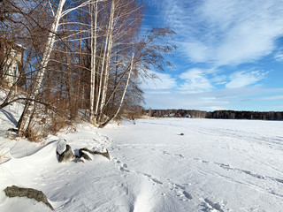 Russia, Chelyabinsk region. Forest on the shore of Elm (Vyazovy) island on lake Uvildy on a Sunny winter day